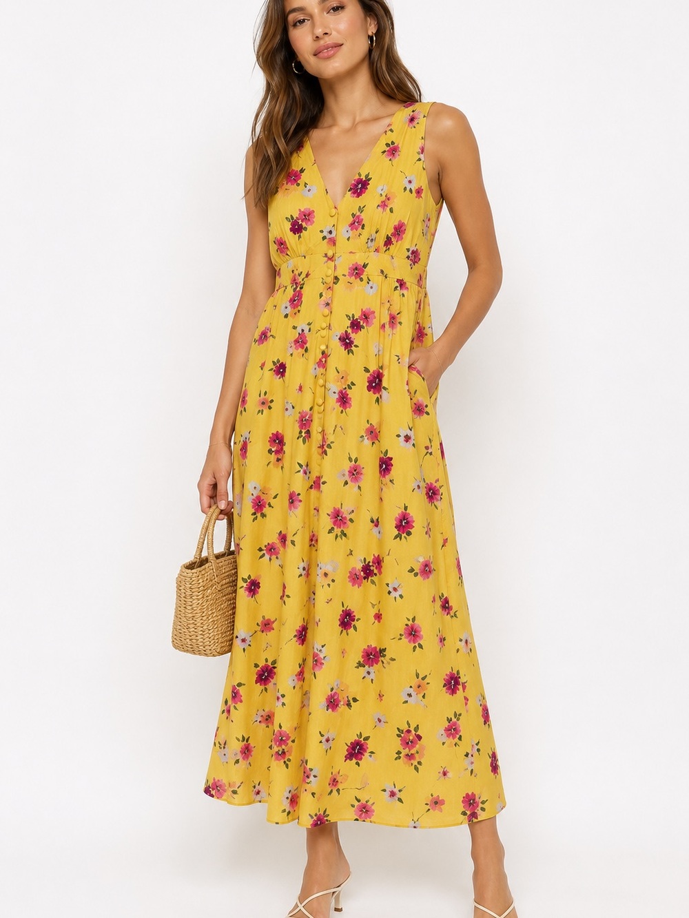 Nobody’s Child Yellow Floral V-Neck Button-Up Maxi Dress Summer Wedding Size 6